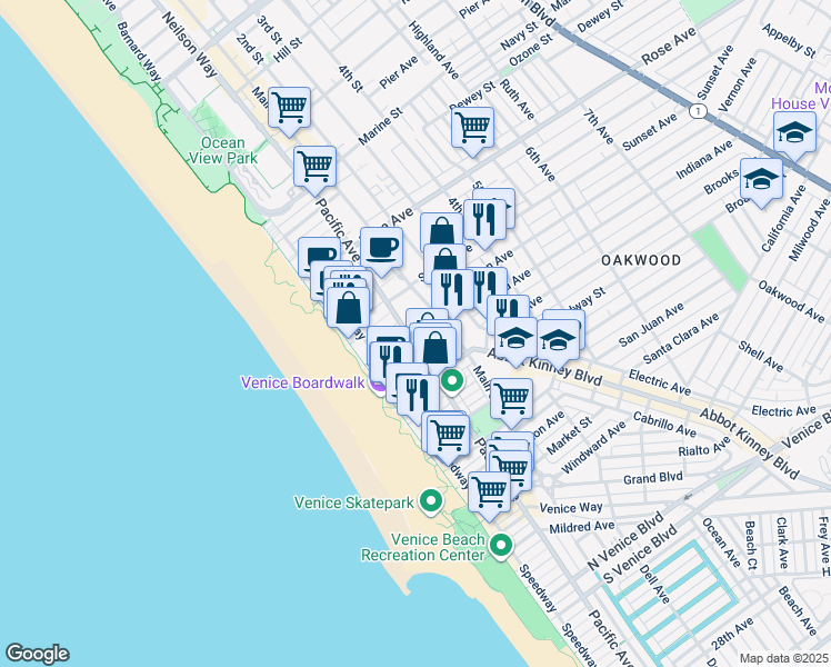 map of restaurants, bars, coffee shops, grocery stores, and more near 108 Thornton Place in Los Angeles
