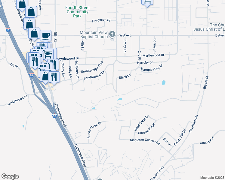 map of restaurants, bars, coffee shops, grocery stores, and more near 1290 3rd Street in Calimesa