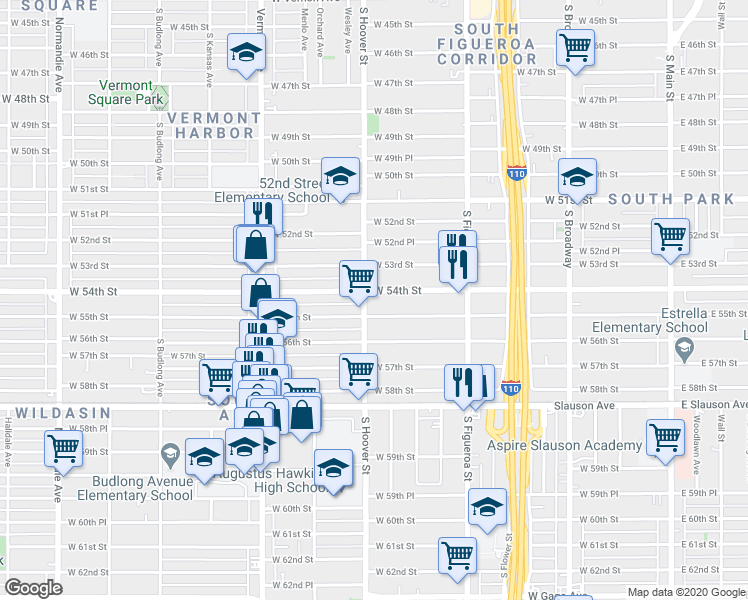 map of restaurants, bars, coffee shops, grocery stores, and more near 5404 South Hoover Street in Los Angeles