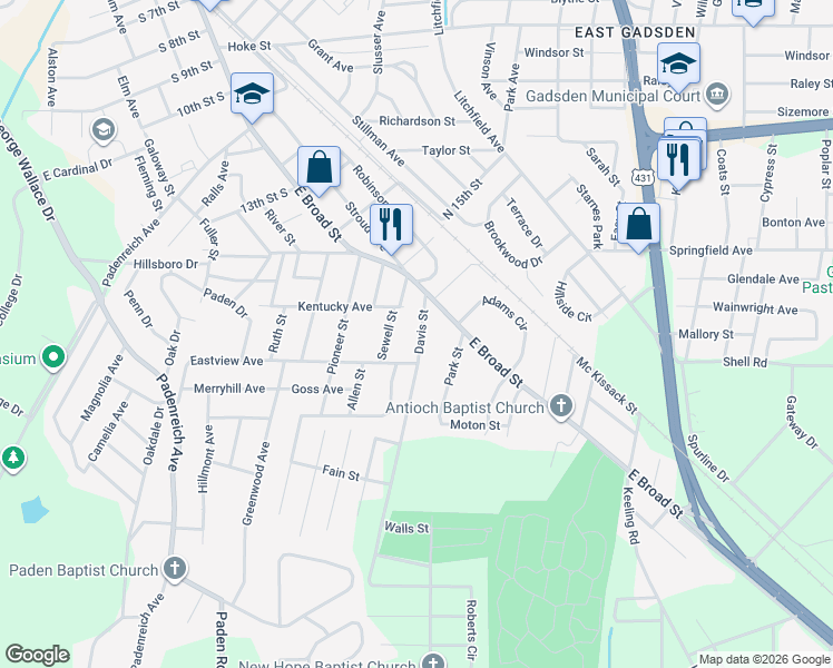 map of restaurants, bars, coffee shops, grocery stores, and more near 213 Davis Street in Gadsden