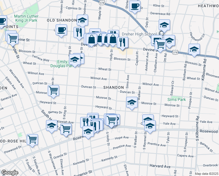 map of restaurants, bars, coffee shops, grocery stores, and more near 300 Holly Street in Columbia