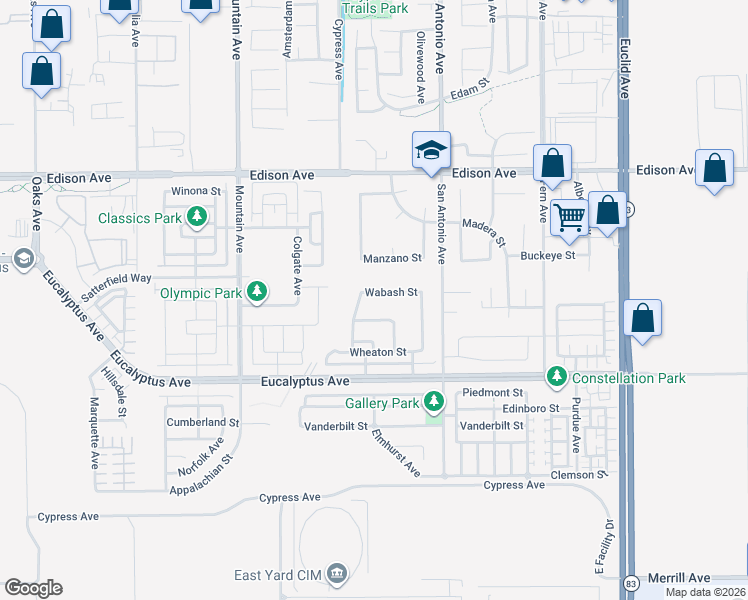 map of restaurants, bars, coffee shops, grocery stores, and more near 6571 Wabash Street in Chino