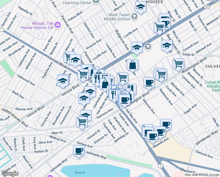 map of restaurants, bars, coffee shops, grocery stores, and more near 2480 Penmar Avenue in Los Angeles