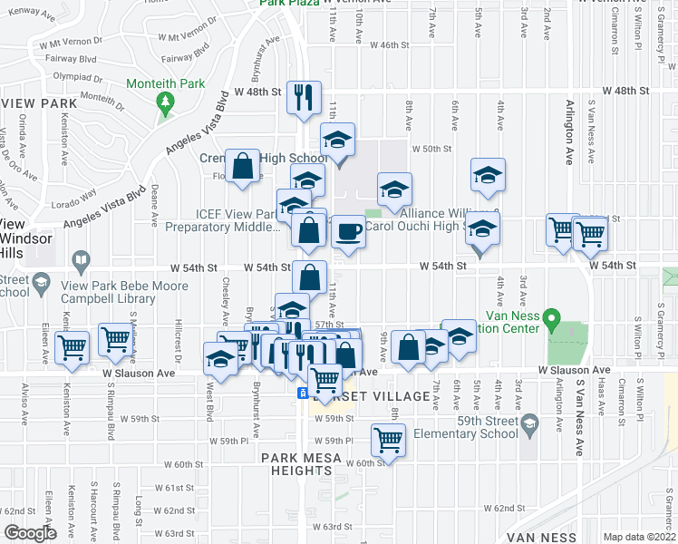 map of restaurants, bars, coffee shops, grocery stores, and more near 5400 11th Avenue in Los Angeles