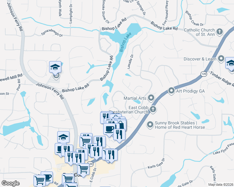 map of restaurants, bars, coffee shops, grocery stores, and more near 4422 Waterbury Lane in Marietta