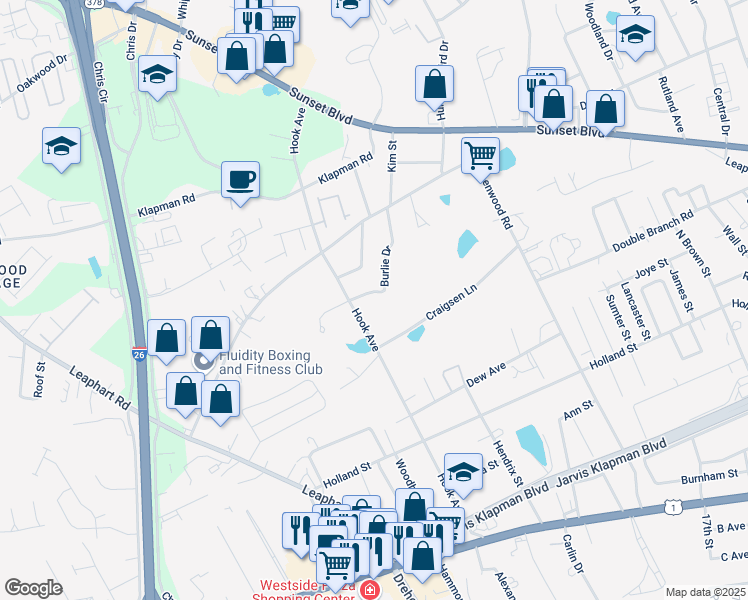 map of restaurants, bars, coffee shops, grocery stores, and more near 108 Burlie Drive in West Columbia