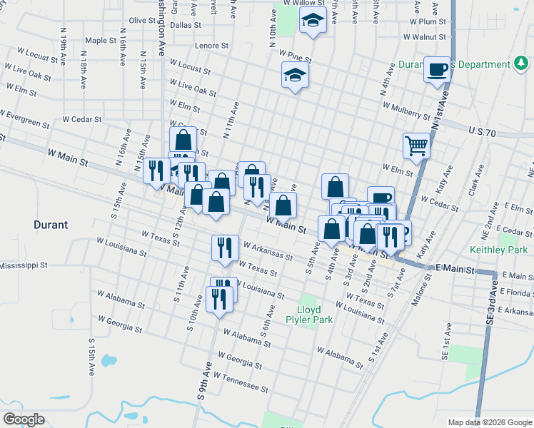 map of restaurants, bars, coffee shops, grocery stores, and more near 108 North 8th Avenue in Durant
