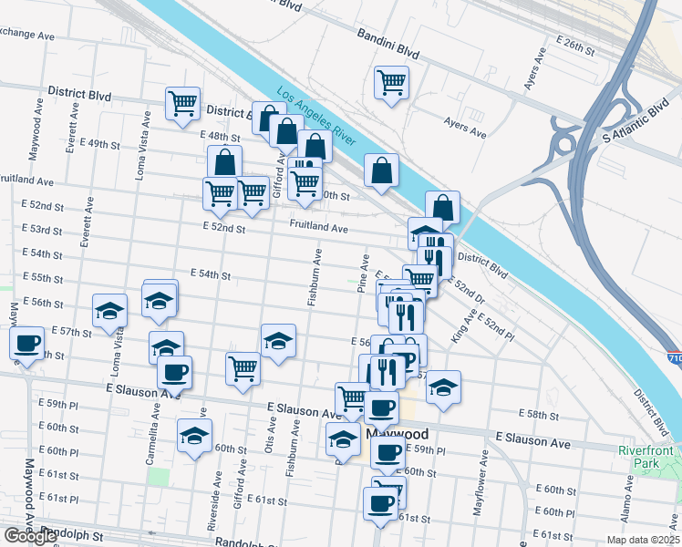 map of restaurants, bars, coffee shops, grocery stores, and more near 4328 East 53rd Street in Maywood