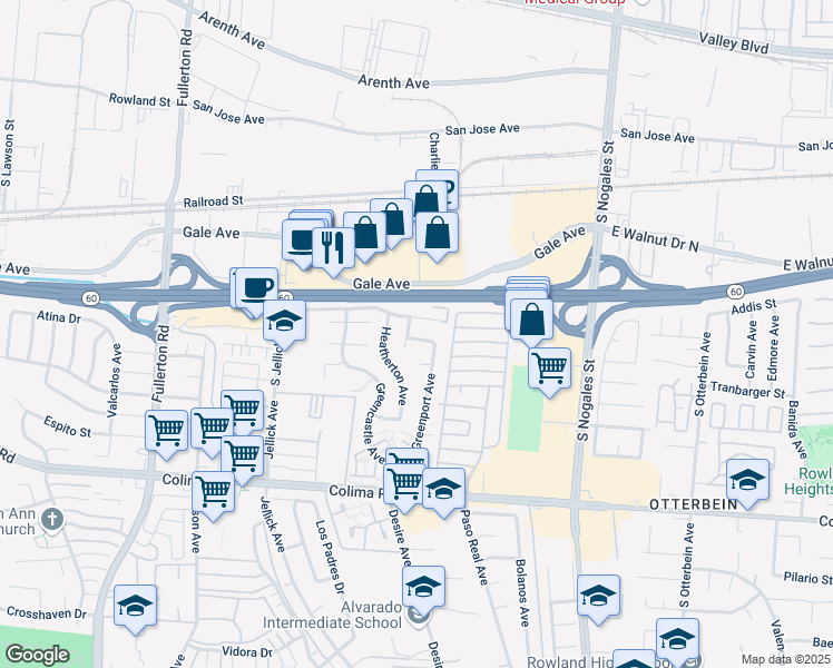 map of restaurants, bars, coffee shops, grocery stores, and more near 18707 Larne Street in Rowland Heights