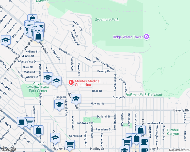 map of restaurants, bars, coffee shops, grocery stores, and more near 12311 Whitley Street in Whittier