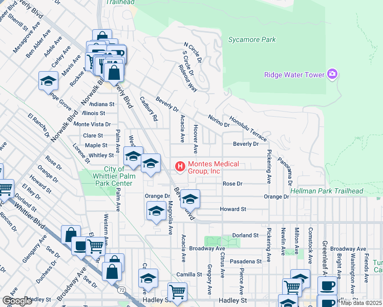 map of restaurants, bars, coffee shops, grocery stores, and more near 11849 Whitley Street in Whittier