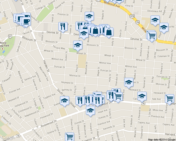 map of restaurants, bars, coffee shops, grocery stores, and more near 220 Woodrow Street in Columbia