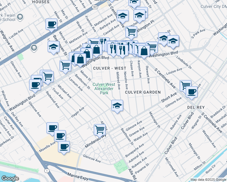 map of restaurants, bars, coffee shops, grocery stores, and more near 4240 McConnell Boulevard in Los Angeles