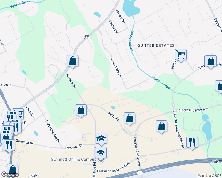 map of restaurants, bars, coffee shops, grocery stores, and more near 840 Cline Petty Way in Lawrenceville