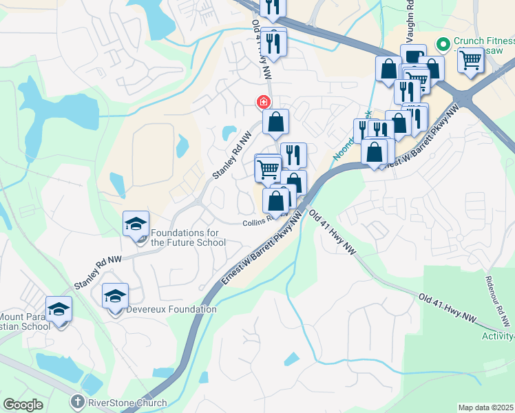 map of restaurants, bars, coffee shops, grocery stores, and more near 1642 Woodsford Road in Kennesaw