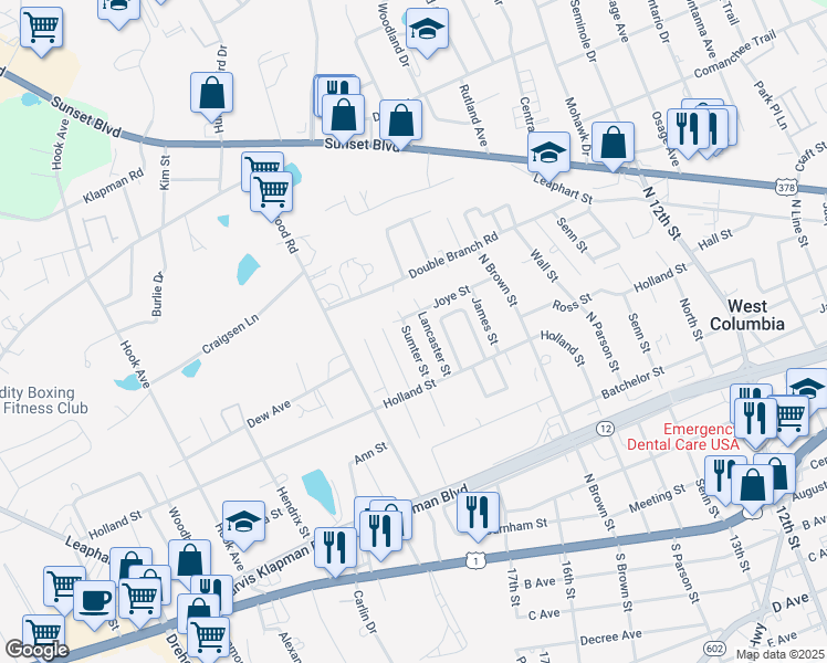 map of restaurants, bars, coffee shops, grocery stores, and more near 638 Sumter Street in West Columbia