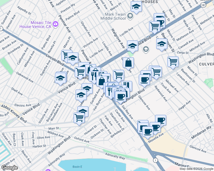 map of restaurants, bars, coffee shops, grocery stores, and more near 2480 Penmar Avenue in Los Angeles
