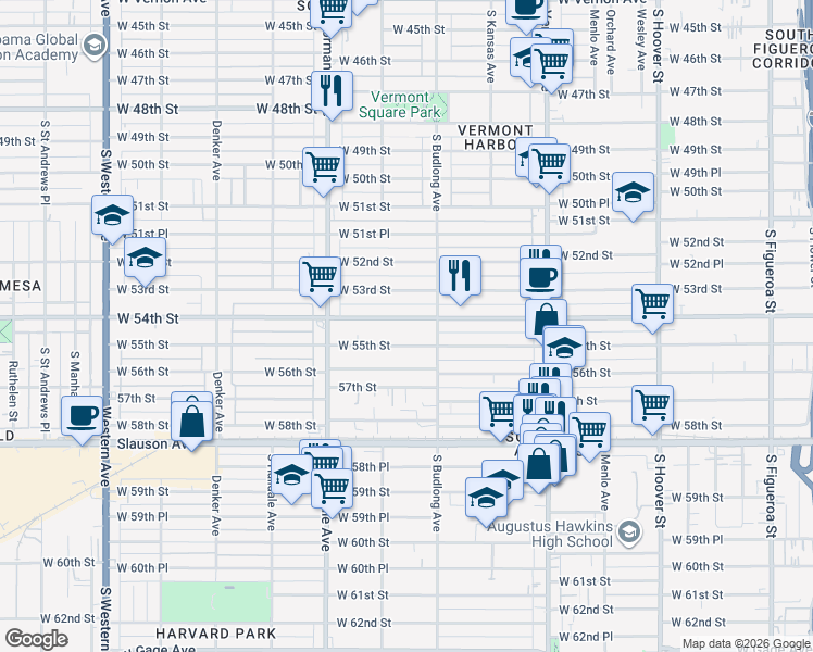 map of restaurants, bars, coffee shops, grocery stores, and more near 1244 West 54th Street in Los Angeles