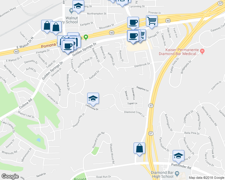 map of restaurants, bars, coffee shops, grocery stores, and more near 1541 Diamond Court in Diamond Bar