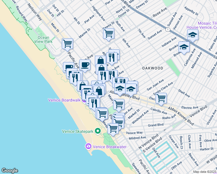 map of restaurants, bars, coffee shops, grocery stores, and more near 800 Main Street in Los Angeles