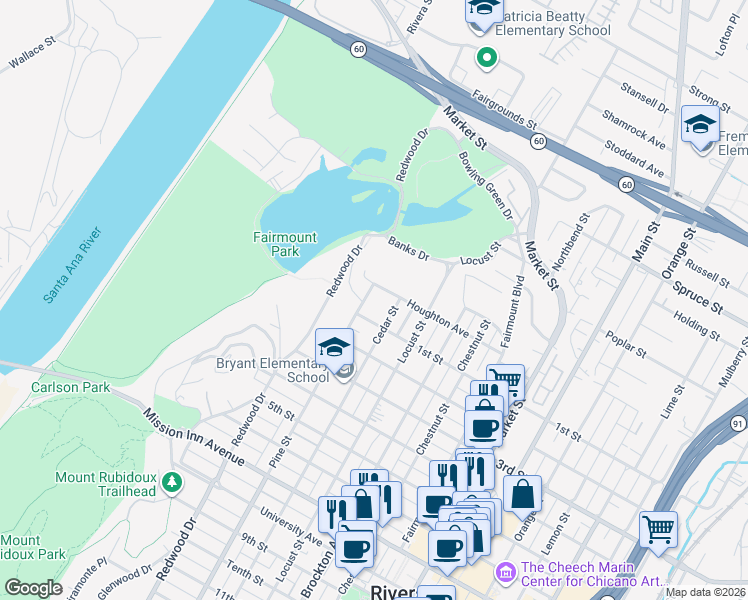map of restaurants, bars, coffee shops, grocery stores, and more near 3089 Pine Street in Riverside
