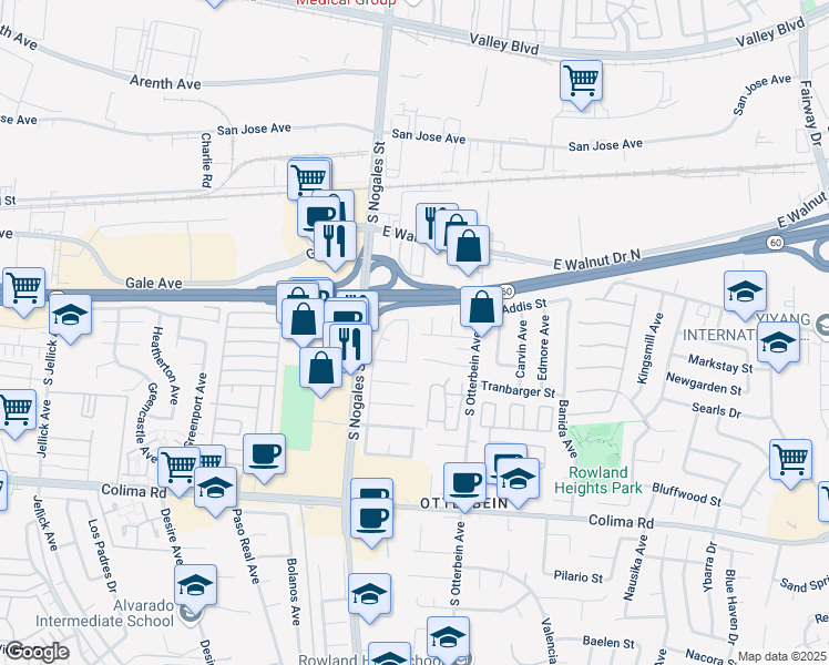 map of restaurants, bars, coffee shops, grocery stores, and more near 19103 Aldora Drive in Rowland Heights