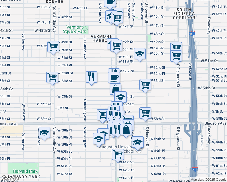 map of restaurants, bars, coffee shops, grocery stores, and more near 5405 South Vermont Avenue in Los Angeles
