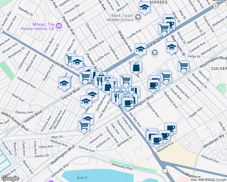 map of restaurants, bars, coffee shops, grocery stores, and more near 2480 Penmar Avenue in Los Angeles