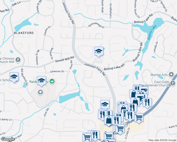 map of restaurants, bars, coffee shops, grocery stores, and more near 1808 Hunters Glen Northeast in Marietta
