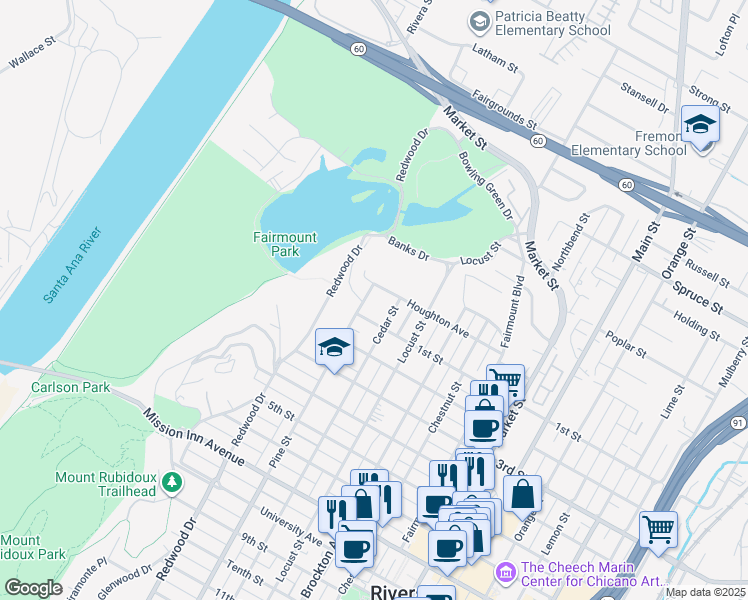 map of restaurants, bars, coffee shops, grocery stores, and more near 3024 Pine Street in Riverside