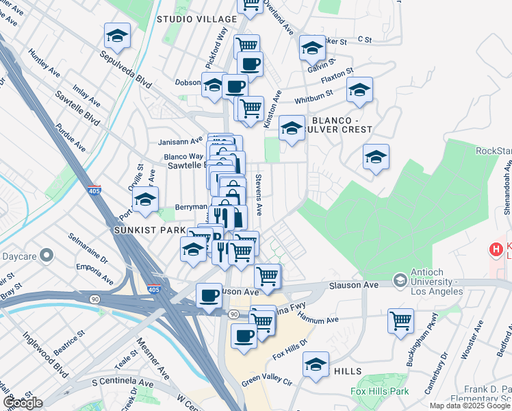 map of restaurants, bars, coffee shops, grocery stores, and more near 11313 Stevens Avenue in Culver City