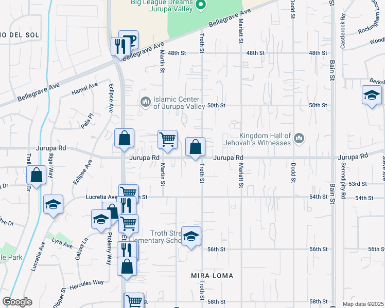 map of restaurants, bars, coffee shops, grocery stores, and more near 10643 Jurupa Road in Jurupa Valley