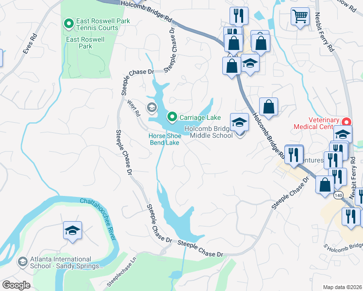 map of restaurants, bars, coffee shops, grocery stores, and more near 205 Watercress Drive in Roswell