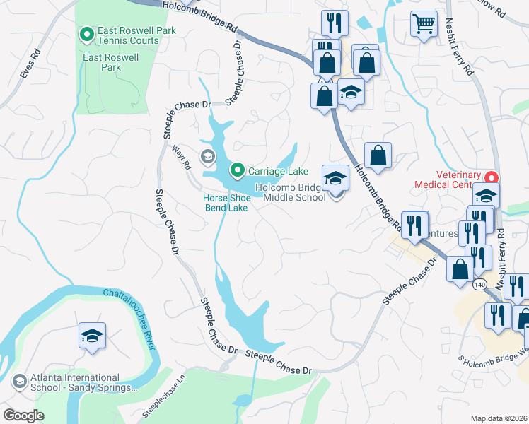 map of restaurants, bars, coffee shops, grocery stores, and more near 205 Watercress Drive in Roswell