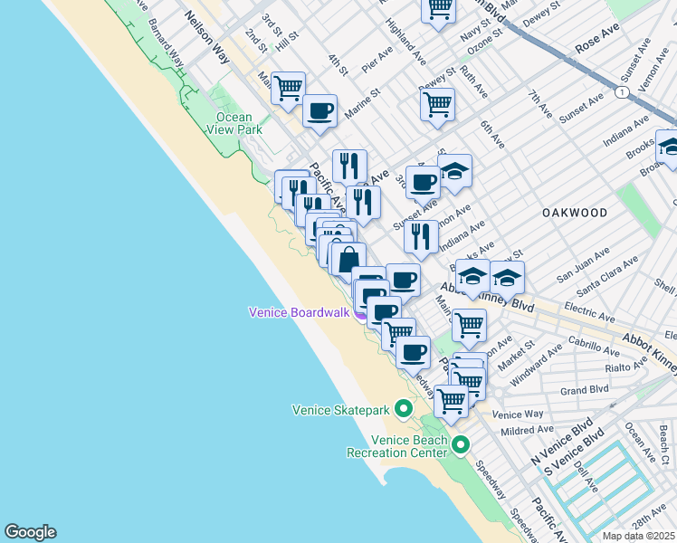 map of restaurants, bars, coffee shops, grocery stores, and more near 511 Ocean Front Walk in Los Angeles