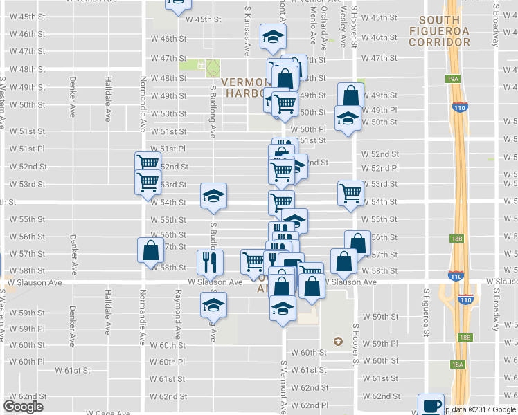 map of restaurants, bars, coffee shops, grocery stores, and more near 1040 West 54th Street in Los Angeles