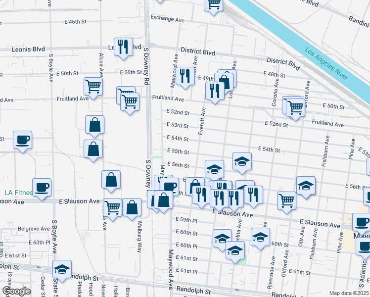 map of restaurants, bars, coffee shops, grocery stores, and more near 3557 East 55th Street in Maywood