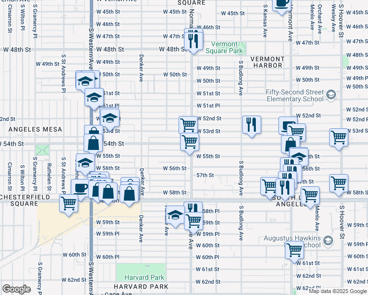 map of restaurants, bars, coffee shops, grocery stores, and more near 1414 West 54th Street in Los Angeles