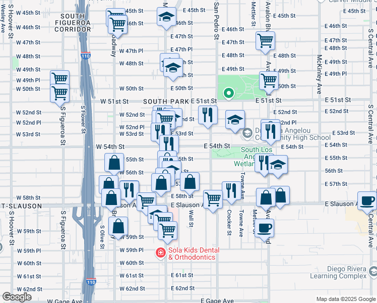 map of restaurants, bars, coffee shops, grocery stores, and more near 154 East 54th Street in Los Angeles