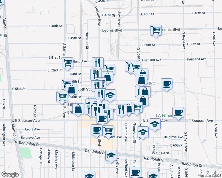 map of restaurants, bars, coffee shops, grocery stores, and more near 5525 South Soto Street in Vernon