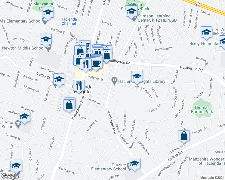 map of restaurants, bars, coffee shops, grocery stores, and more near 2232 South Stimson Avenue in Hacienda Heights