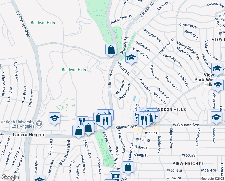 map of restaurants, bars, coffee shops, grocery stores, and more near 4697 Northridge Drive in View Park-Windsor Hills
