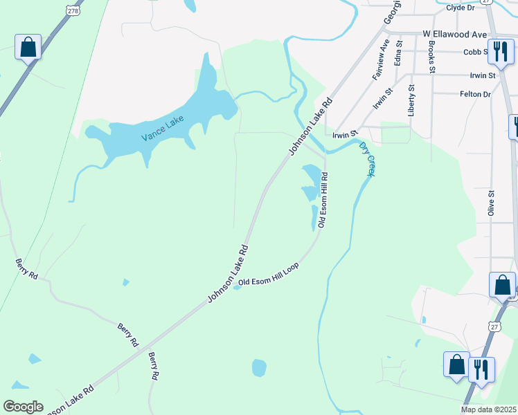 map of restaurants, bars, coffee shops, grocery stores, and more near 1270 Johnson Lake Road in Cedartown