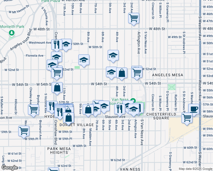 map of restaurants, bars, coffee shops, grocery stores, and more near 2712 West 54th Street in Los Angeles