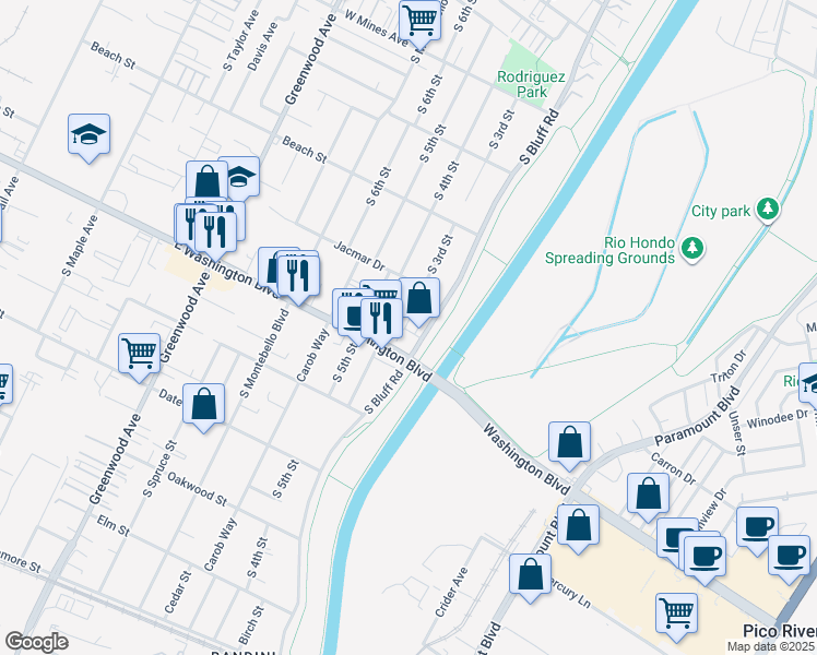 map of restaurants, bars, coffee shops, grocery stores, and more near 938 Lilac Lane in Montebello