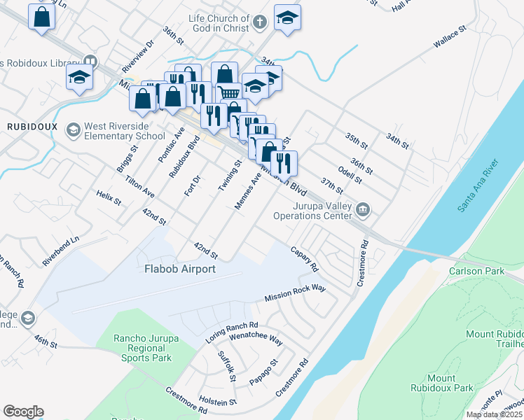 map of restaurants, bars, coffee shops, grocery stores, and more near 3925 Wallace Street in Riverside