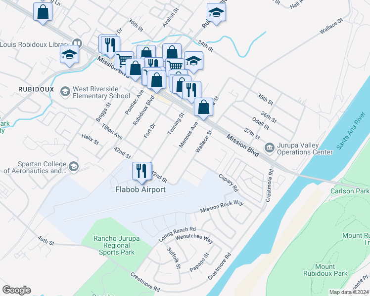 map of restaurants, bars, coffee shops, grocery stores, and more near 3970 Mennes Avenue in Riverside