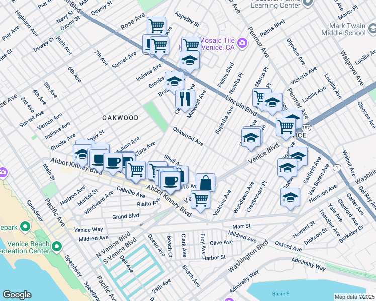 map of restaurants, bars, coffee shops, grocery stores, and more near 738 Palms Boulevard in Los Angeles