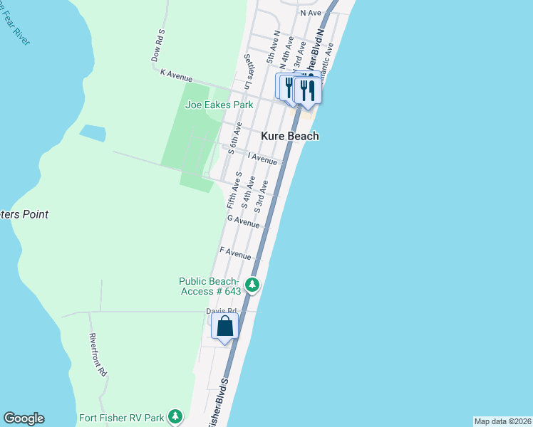 map of restaurants, bars, coffee shops, grocery stores, and more near 426 Fort Fisher Boulevard South in Kure Beach