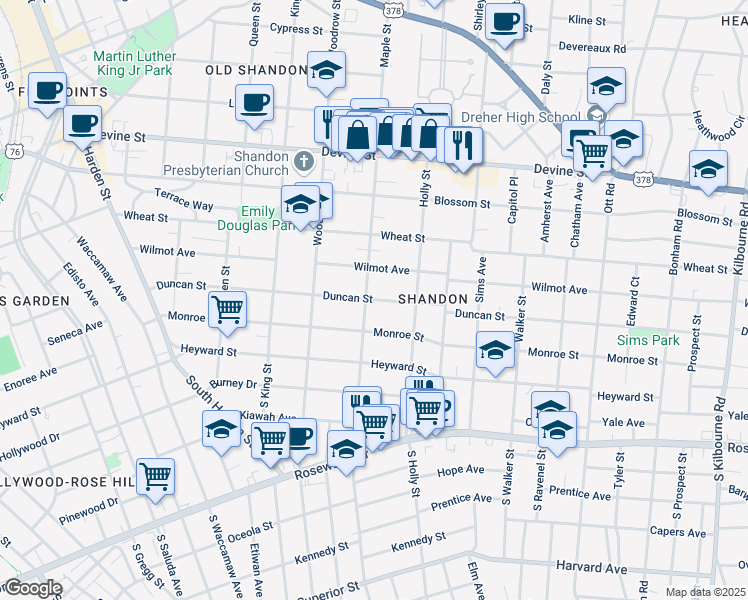 map of restaurants, bars, coffee shops, grocery stores, and more near 2816 Duncan Street in Columbia